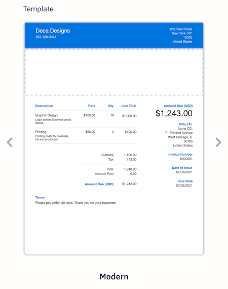 Invoice with modern template layout applied.