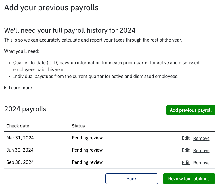 List with three previous payroll runs entered.