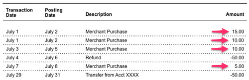 A sample credit card account statement with purchase, interest charge and fee transactions selected.
