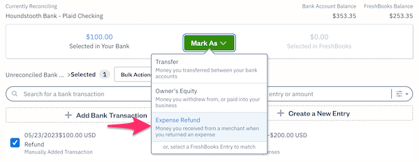Mark as expense refund option for transaction.