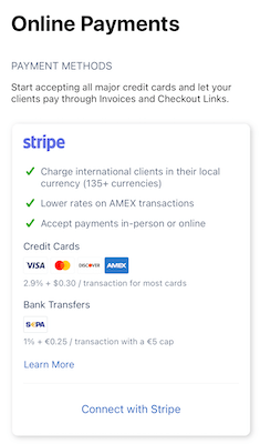 Online payments settings page with Connect with Stripe link.