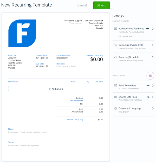 New recurring template with fields to fill out.