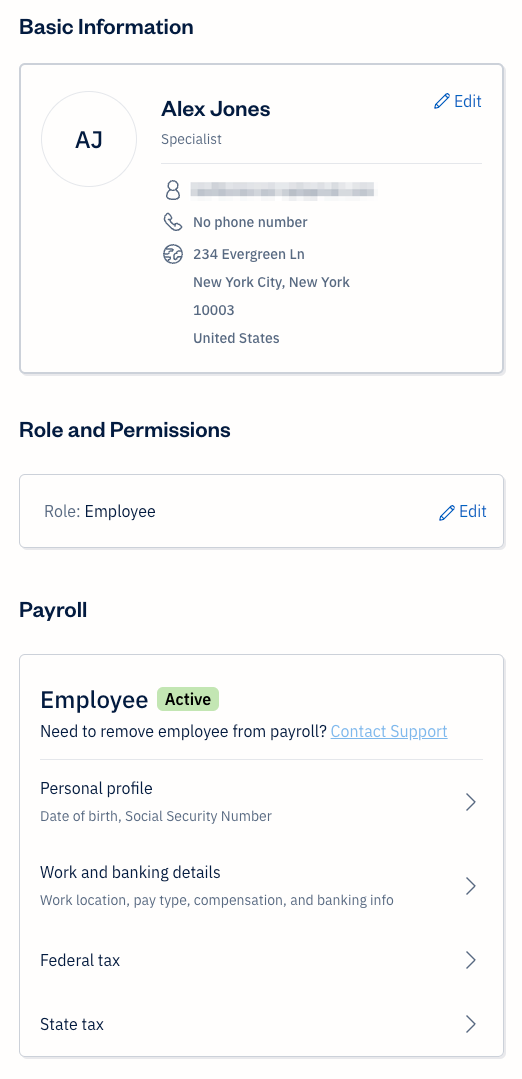 Team member profile displaying active on payroll with options to select.