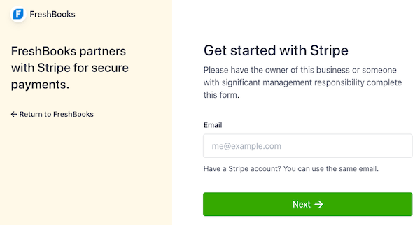 Get started with stripe page with email field to fill out.