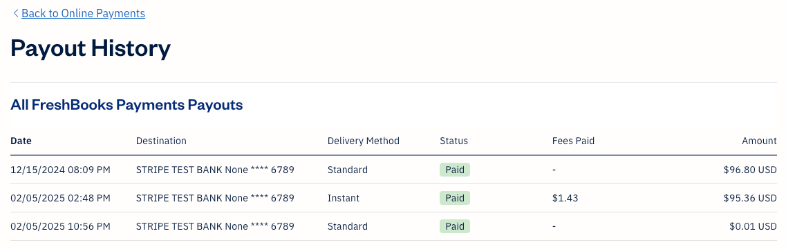 Payout history with three payouts listed.