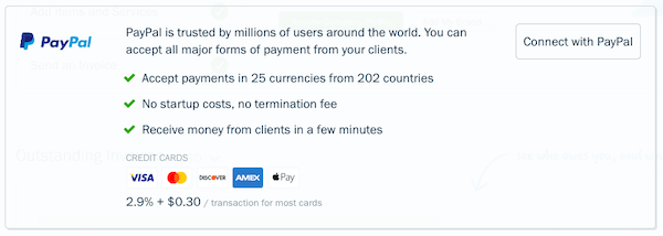 PayPal information with Connect button.