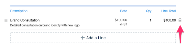 Line item on invoice with trashcan icon showing.
