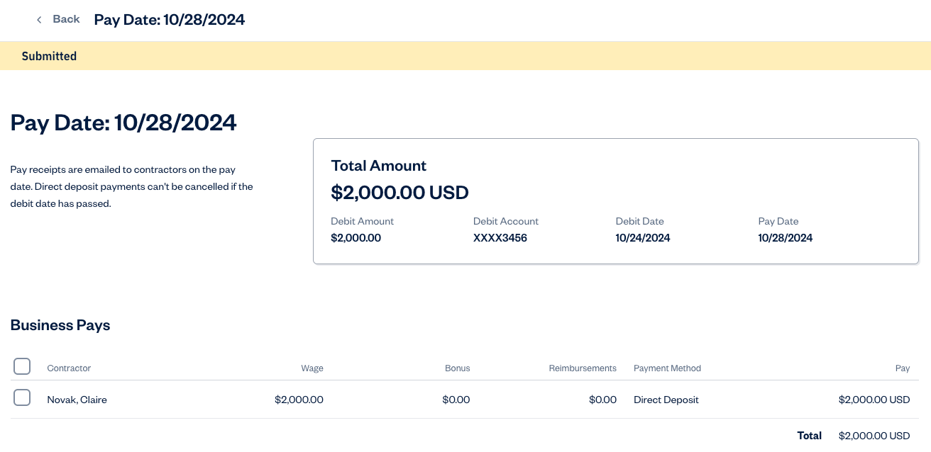 Pay period of the contractor payment with a summary of all contractor information displayed.