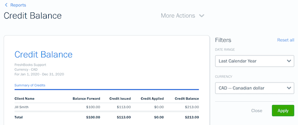 Credit balance report with filters selected.