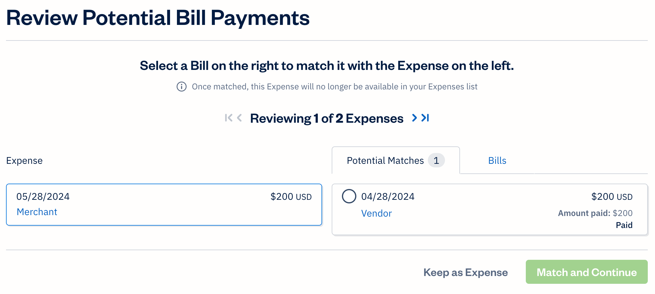 Review bill payments screen with options to match or keep as expense.