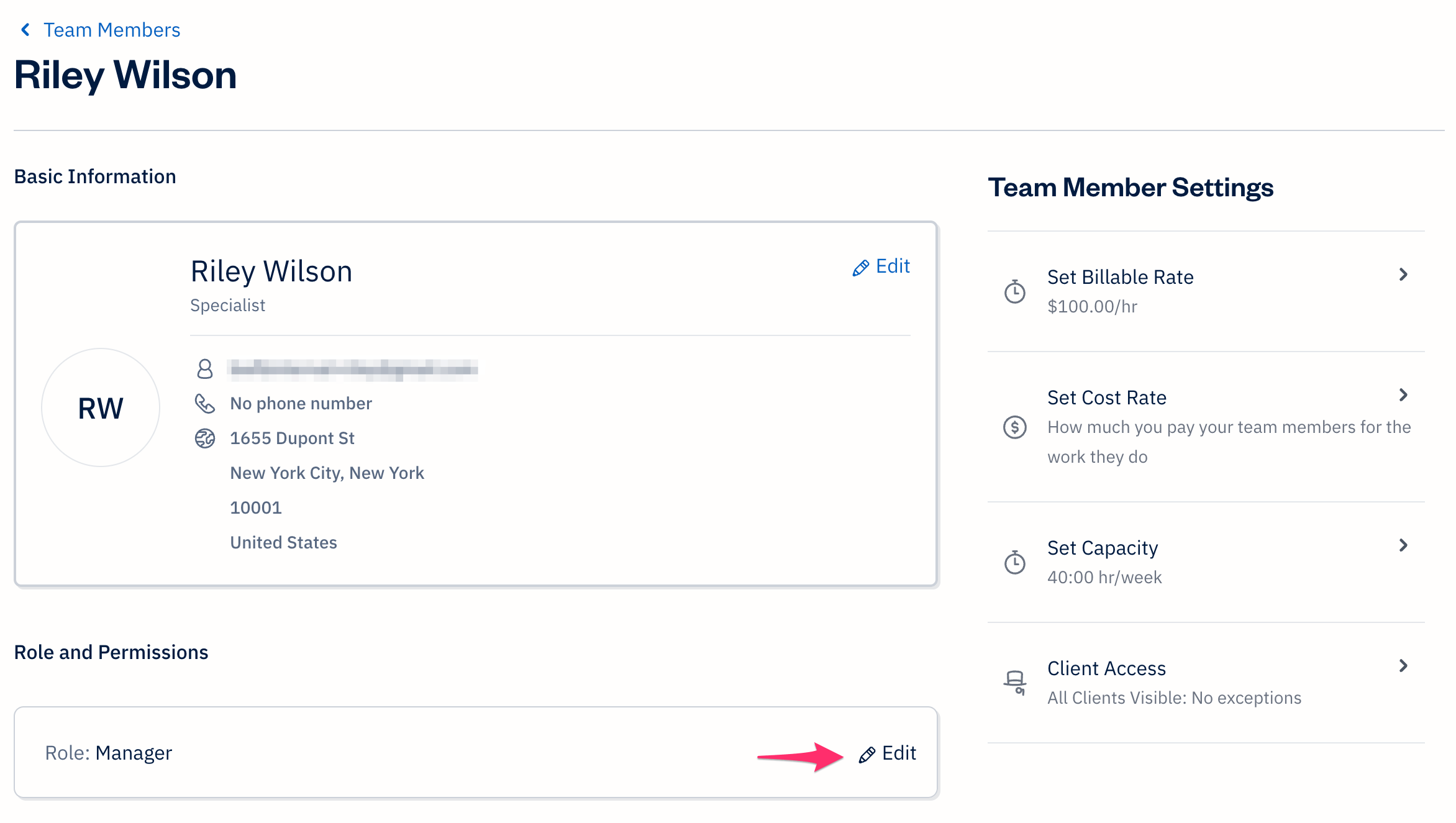 Team member profile with edit button selected under Roles and Permissions.