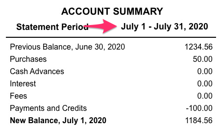 A sample credit card account statement with the date in a statement period indicated.