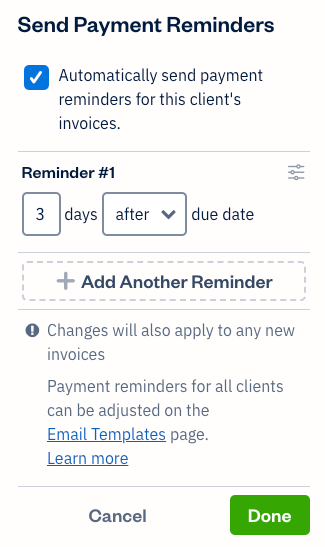 Checkbox enabled to send reminders with additional settings.