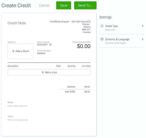 Credit note creation screen with fields to fill out.