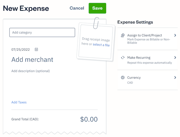 New expense screen with fields to fill out.