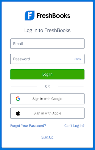 Login page for FreshBooks account.