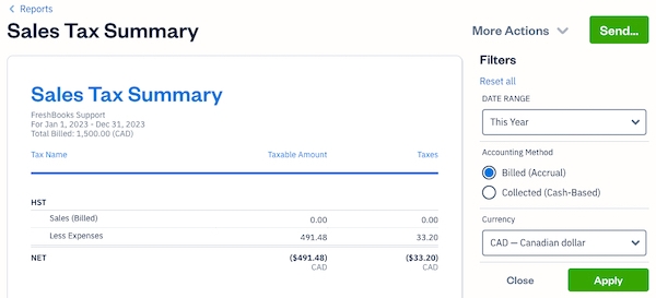 Filters on the sales tax summary report.