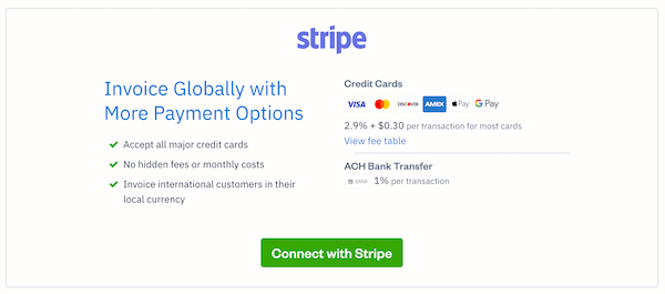 Stripe information with Connect with Stripe button.