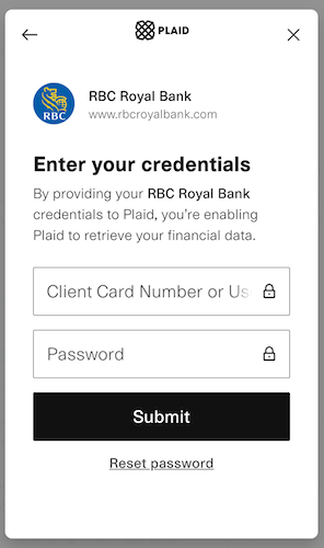 RBC bank account with login credentials fields to enter.