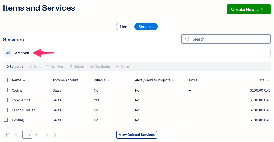 Services section with quick filter set to active services.