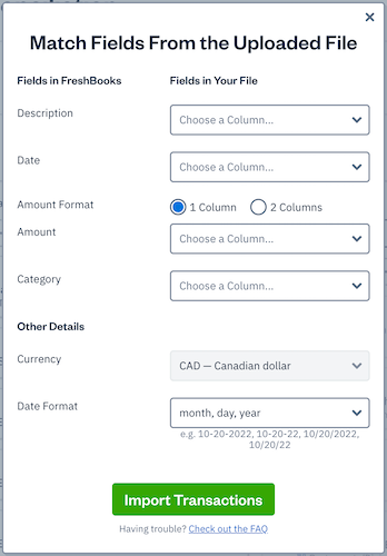 Fields to be matched in pop-up with imported csv file.