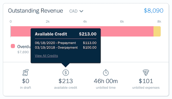 Client profile showing available credit widget.