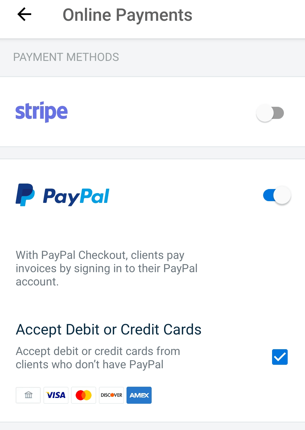 PayPal enabled with a checkbox for accept debit cards and credit cards enabled.