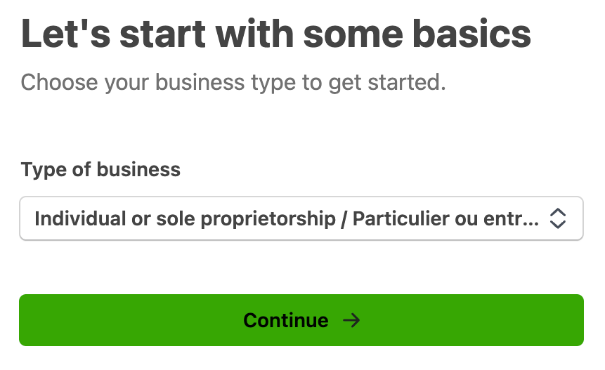 Type of business section with dropdown to choose type.