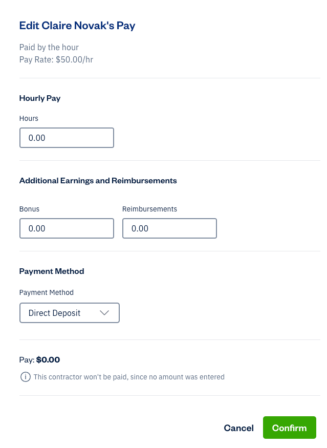 Fields to edit for contractor's pay.