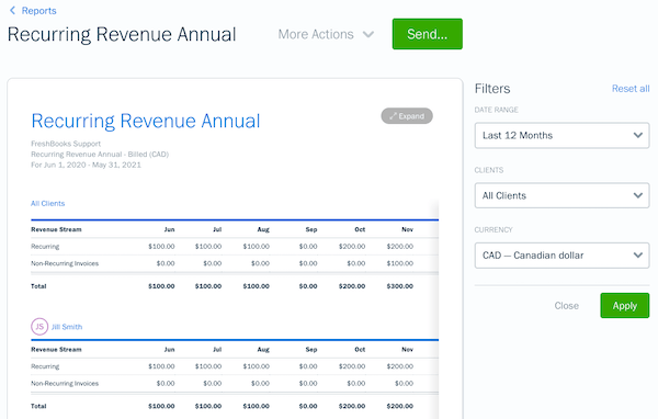 Recurring revenue annual report with settings menu open on right side.