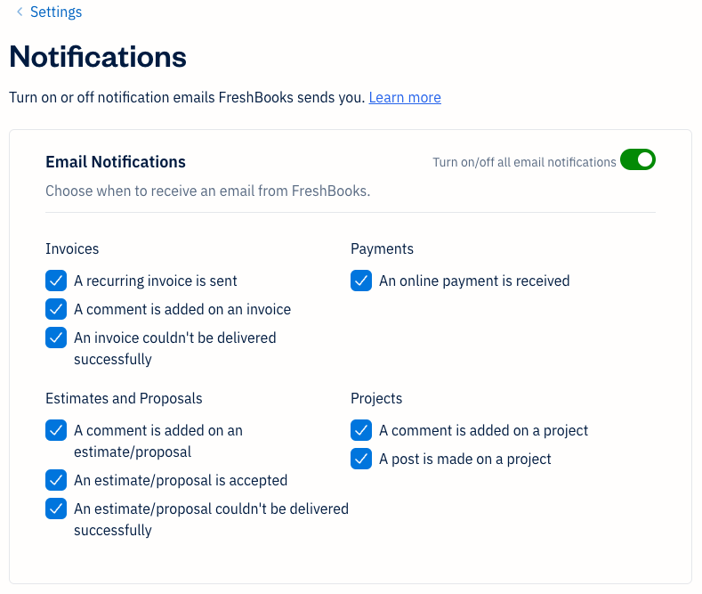 Email notifications to me options with checkboxes to activate or deactivate.