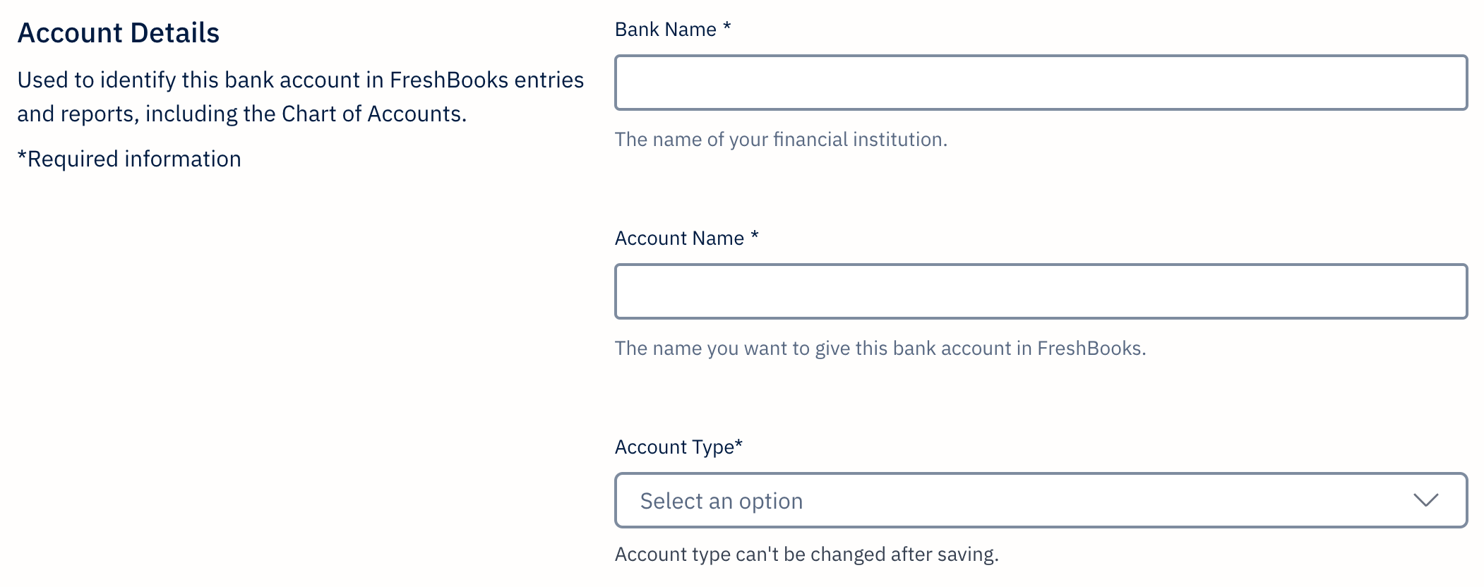 Fields to fill in for account details.