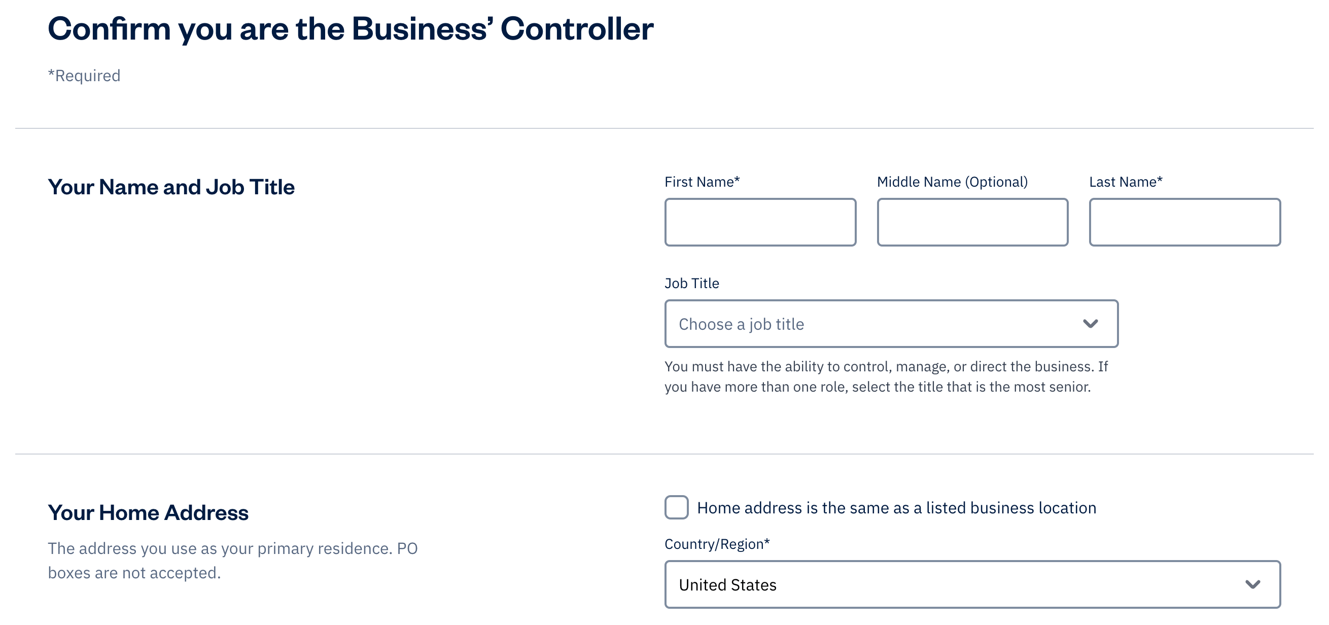 Business controller details section with fields to fill out.