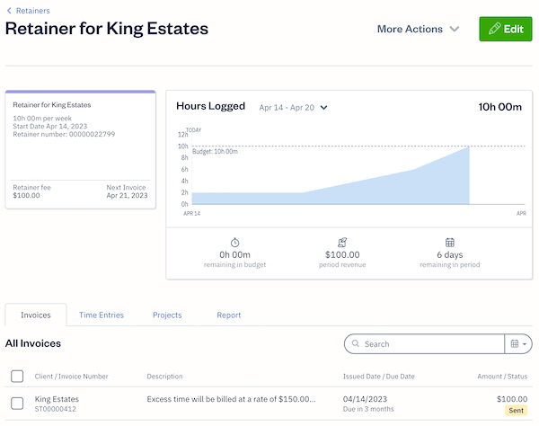 Retainer overview for client with tabs and information.