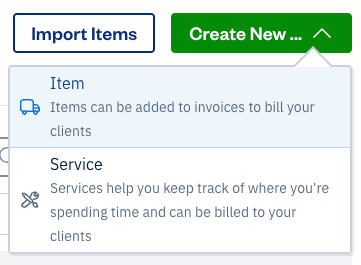 Items option selected under create new button.