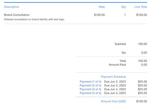 Payment schedule added onto invoice.