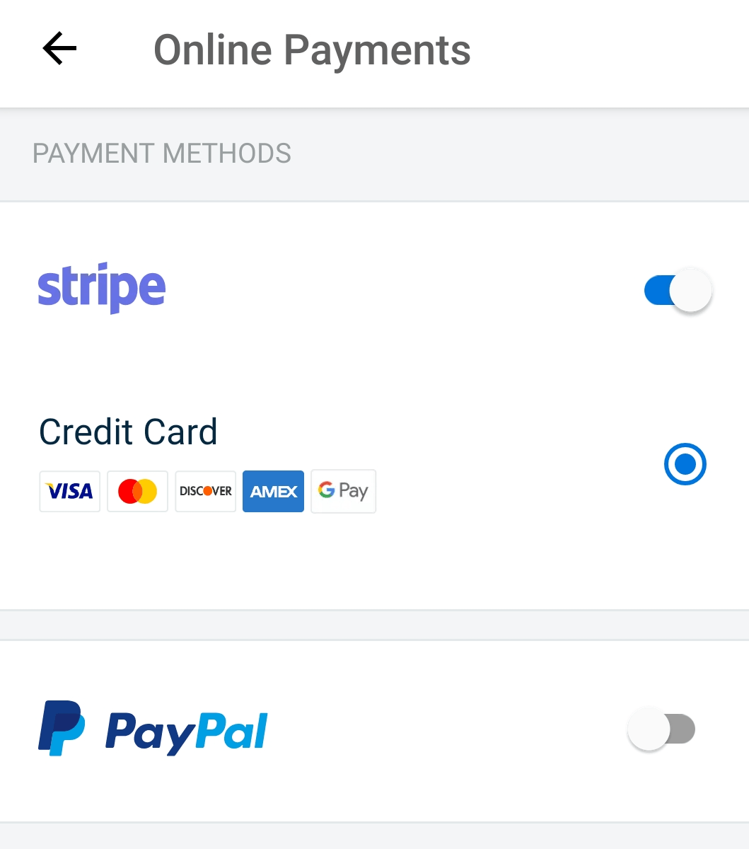 Stripe enabled with checkboxes checked off for credit cards and bank transfers.