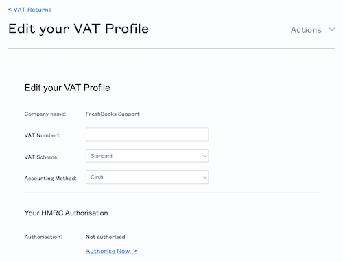 Edit vat profile screen with fields to fill out.