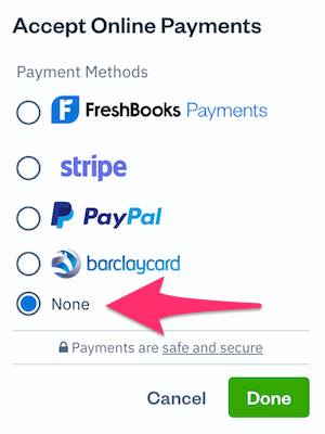 List of Accept Online Payment options with None selected.