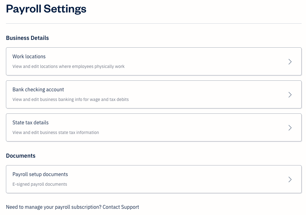 Payroll settings listing different options.