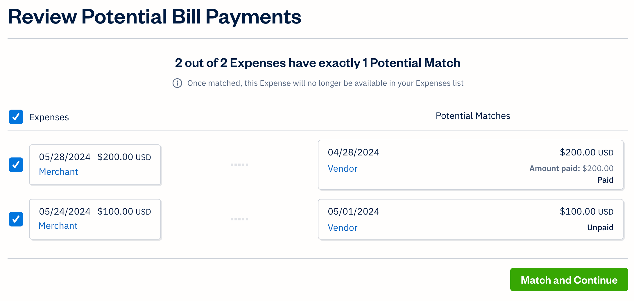 Two suggested matches for two expenses and bills