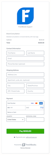 Client view of checkout link with payment fields to enter.