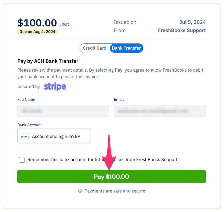 Pay $100.00 button shown on invoice.