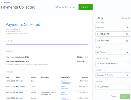 Filters on the payments collected report.