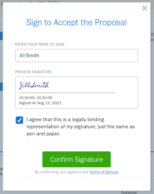 Proposal with a signature pop-up showing signature.