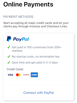 Online payments settings page with Connect with PayPal link.