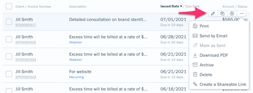 Quick actions with four buttons above an invoice row.