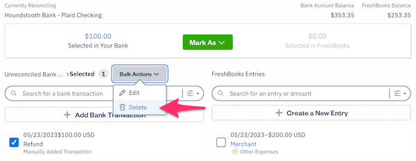 Delete option in a dropdown above list of transactions with a transaction checked off.