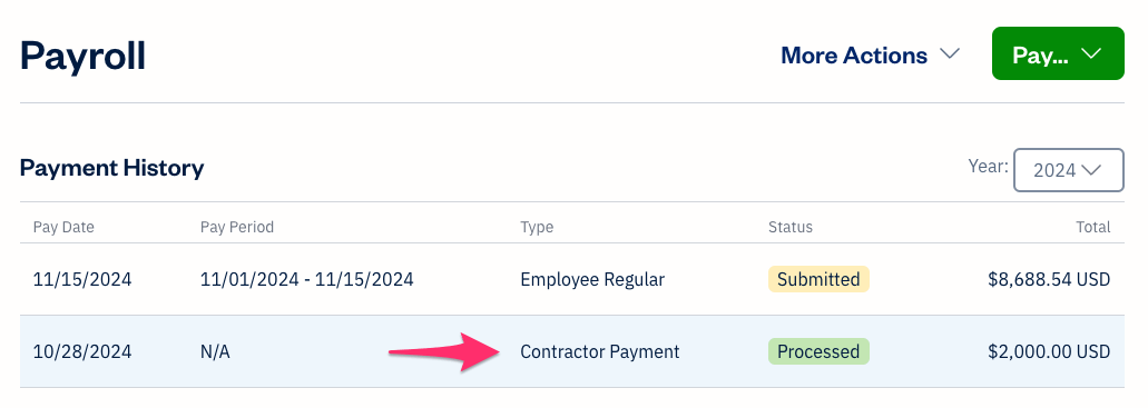 Payroll section with contractor payment highlighted.