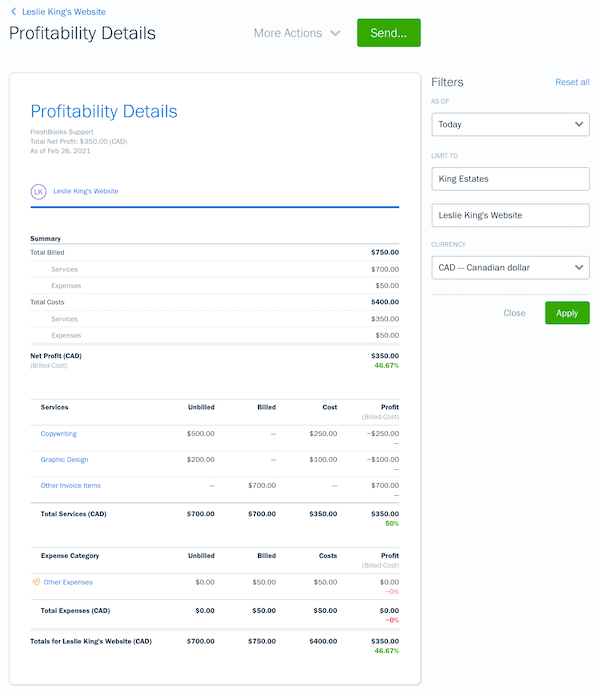 Profitability details report with filters selected.